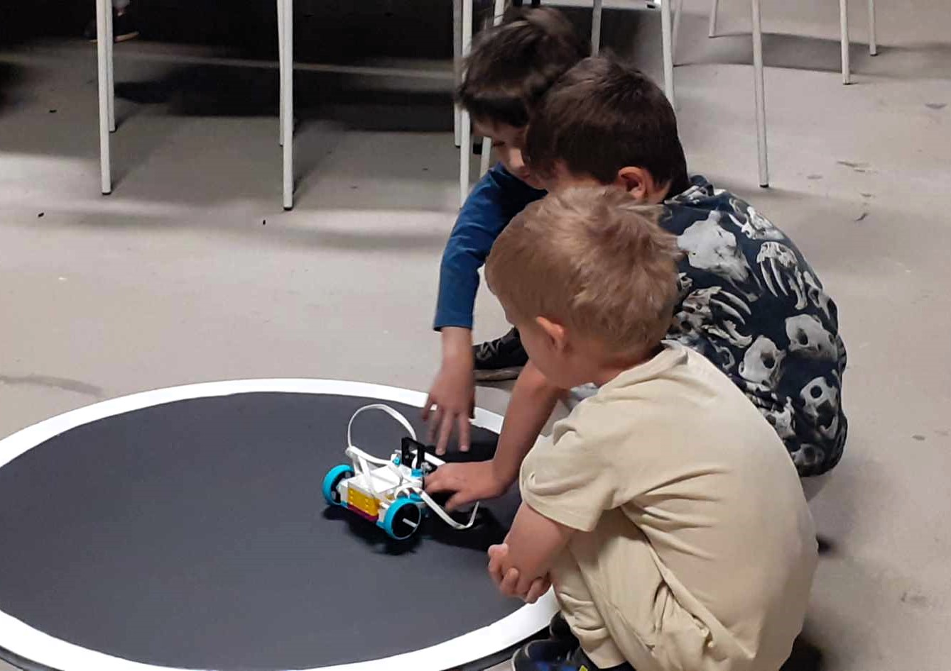 Dzieci ustawiają robota sumo